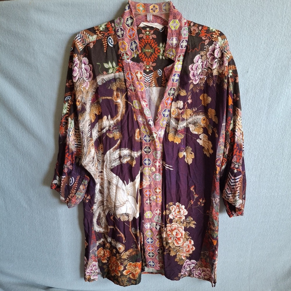 Soft Surroundings Kimono Cardigan M Purple Floral Peacock Geometric Rayon Boho